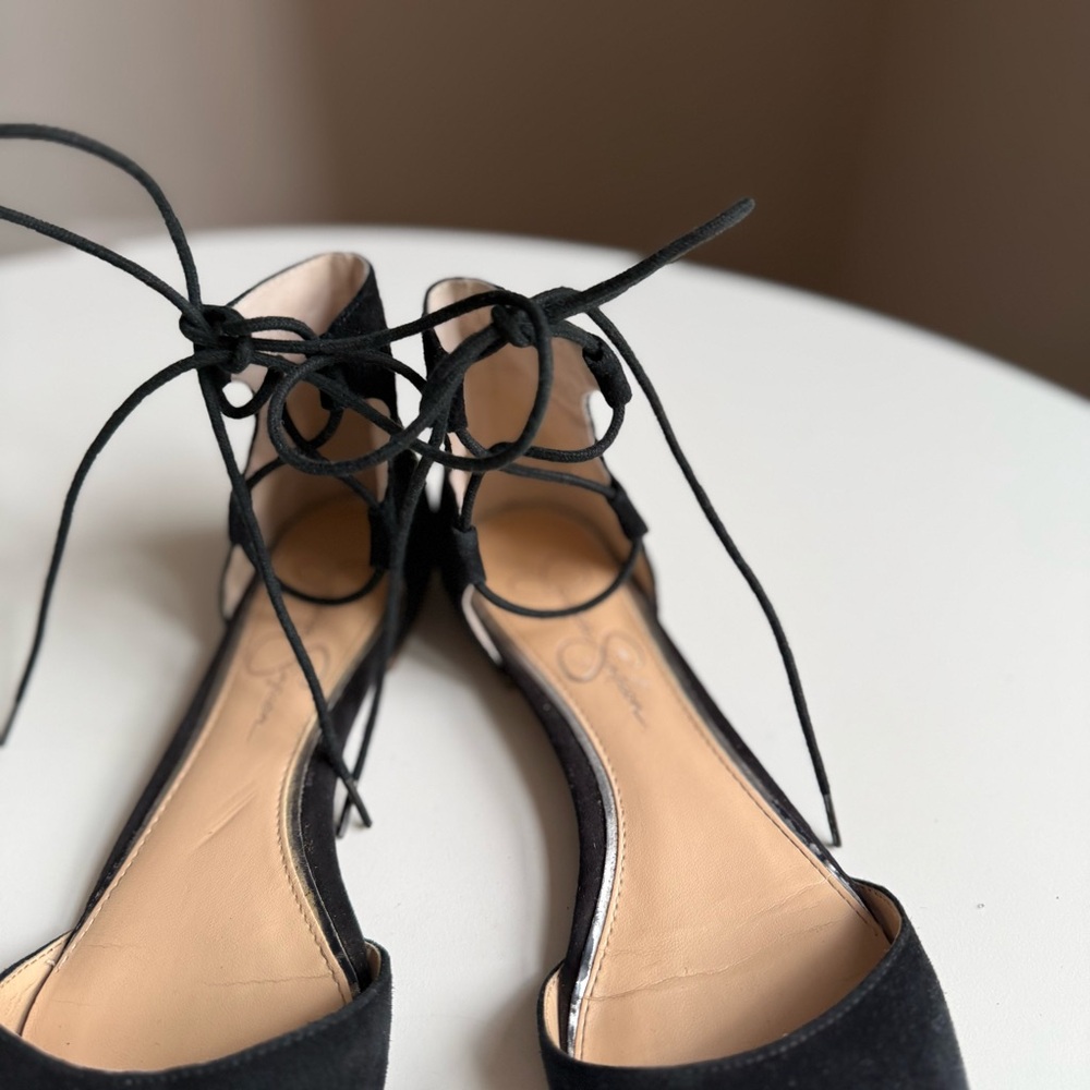 Jessica Simpson Suede Black Lace-Up Flats Size US 7,5 EU 37,5 Ankle Tie - Picture 5 of 14